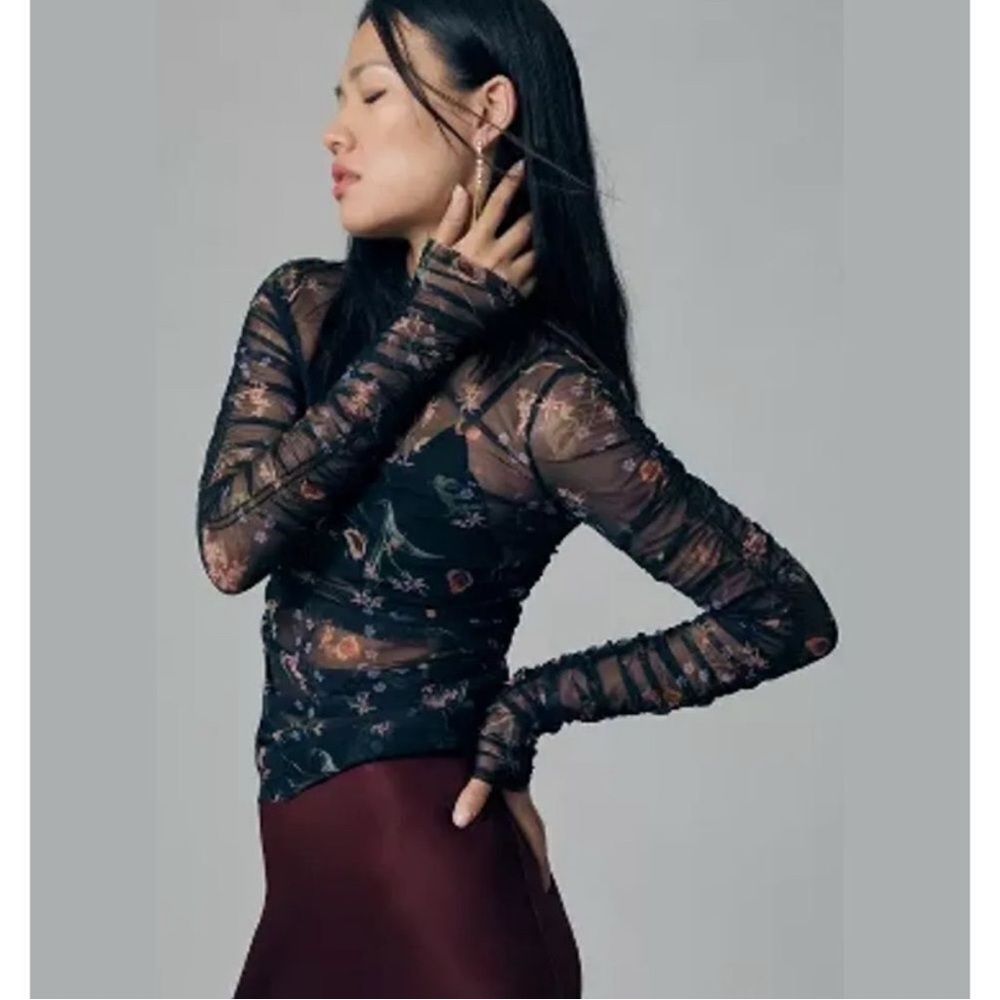 Maeve Black Floral Mesh Sheer Ruched Long Sleeve Top